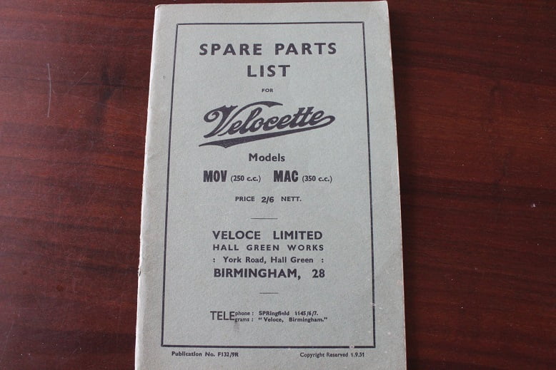 VELOCETTE 250 cc MOV & 350cc MAC 1951 spare parts list